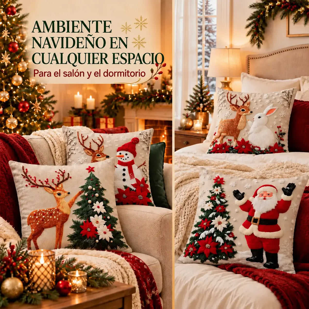 🔥【Set de 4】🎅Oferta de Navidad – 50 % de descuento🎄Cojines con motivos navideños