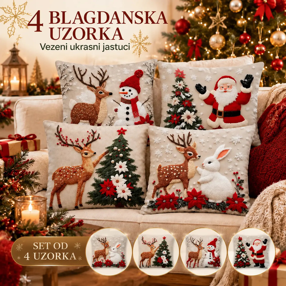 🔥【Set od 4 komada】🎅Božićna ponuda – 50 % popusta🎄Jastuci s božićnim motivima