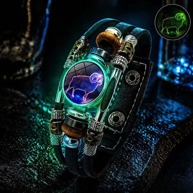 Pulsera de cuero brillante con el signo del zodiaco – diseño trenzado de tres capas, longitud ajustable, unisex