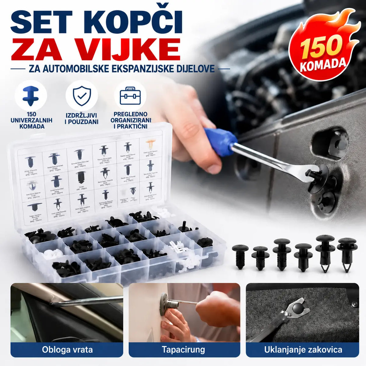 🧰🛠️【Set od 150 dijelova + kliješta】Set automobilskih ekspanzijskih vijaka i plastičnih pričvrsnih elemenata