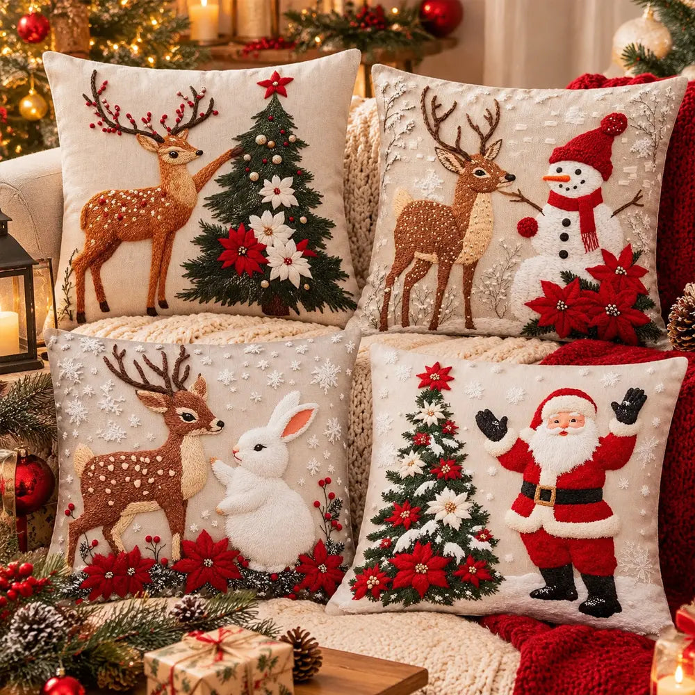 🔥【Sada 4 kusov】🎅Vianočná ponuka – zľava 50 %🎄Vankúše s vianočnými motívmi