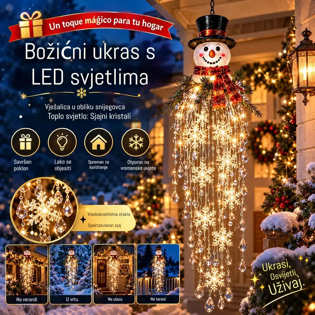 🔥 50% POPUSTA DANAS 🎅 Božićna viseća pahuljica i kristalna LED lampa | Čarobni sjaj za verandu ✨
