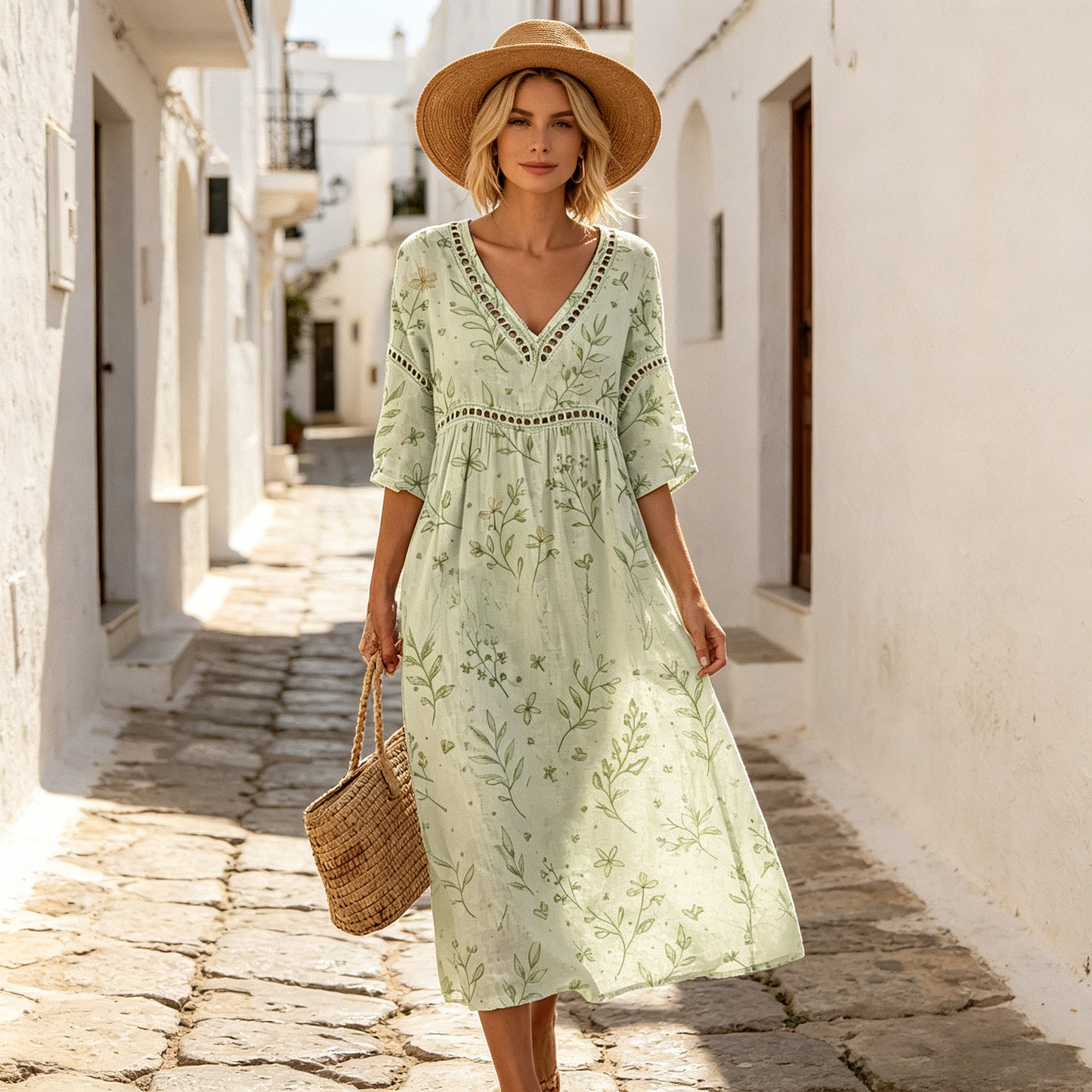 Vestido largo de algodón y lino con estampado floral, estilo veraniego, escote en V, cintura definida.
