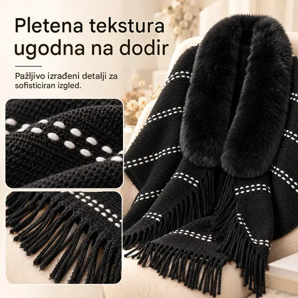 Pleteni pončo s krznenim ovratnikom i resama 🧣 Elegantan, topli ženski ogrtač za jesen i zimu ❄️ Svestran, ležeran model koji lijepo ističe siluetu ✨
