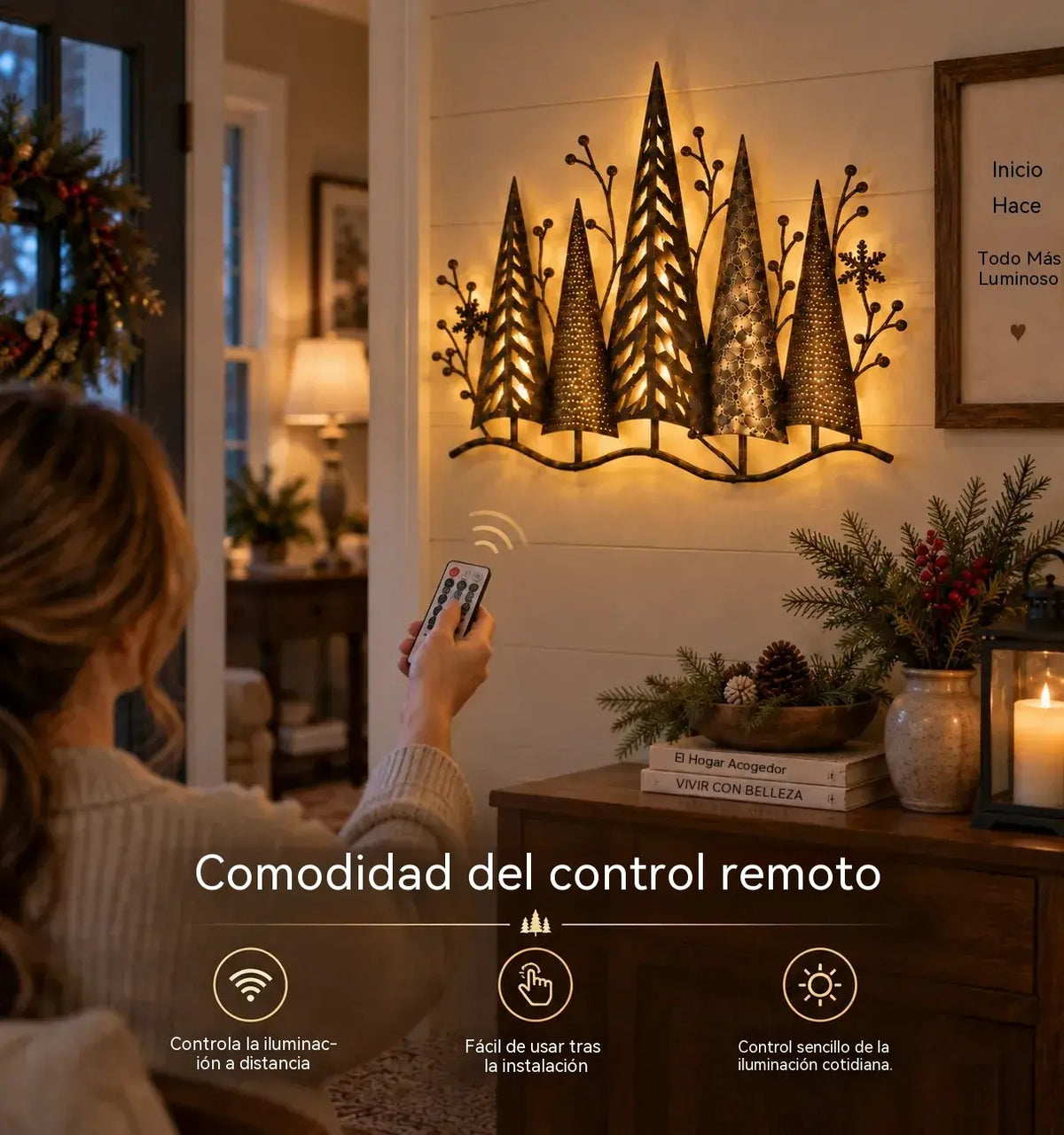 🎄🕯️ Osvijetljena metalna zidna dekoracija sa šumskim motivom i retro štihom 🌙