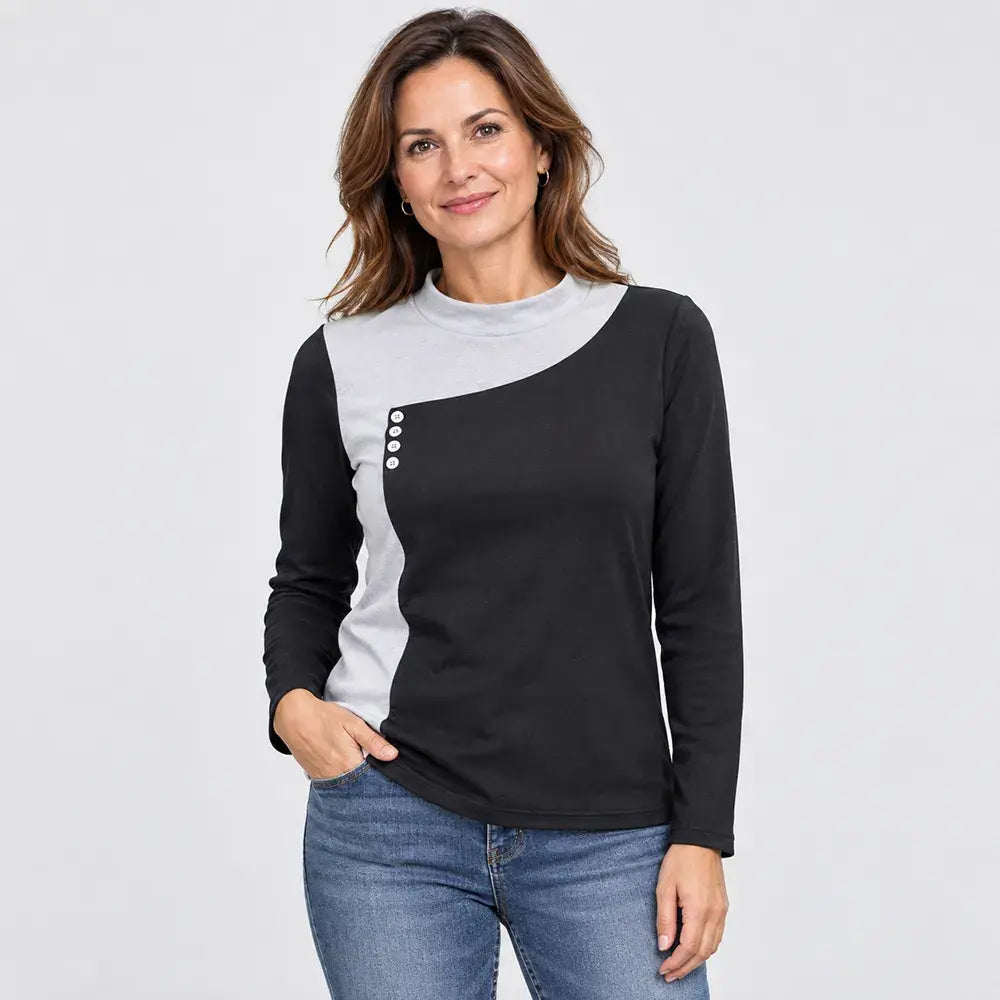 ✨【S-3XL / 6 boja】Bluza u kombinaciji boja s ovratnikom uz vrat i ukrasnim gumbima (lagani termo-flis materijal)
