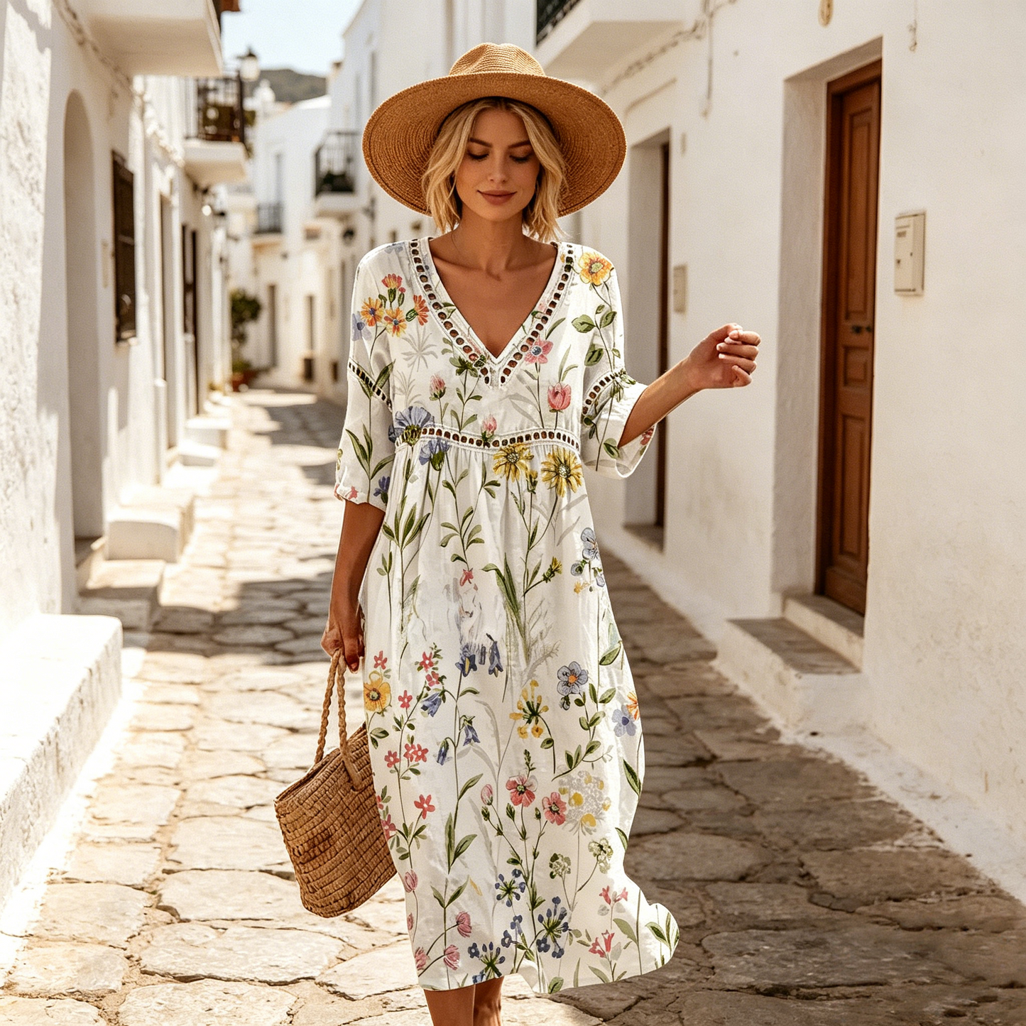 Vestido largo de algodón y lino con estampado floral, estilo veraniego, escote en V, cintura definida.