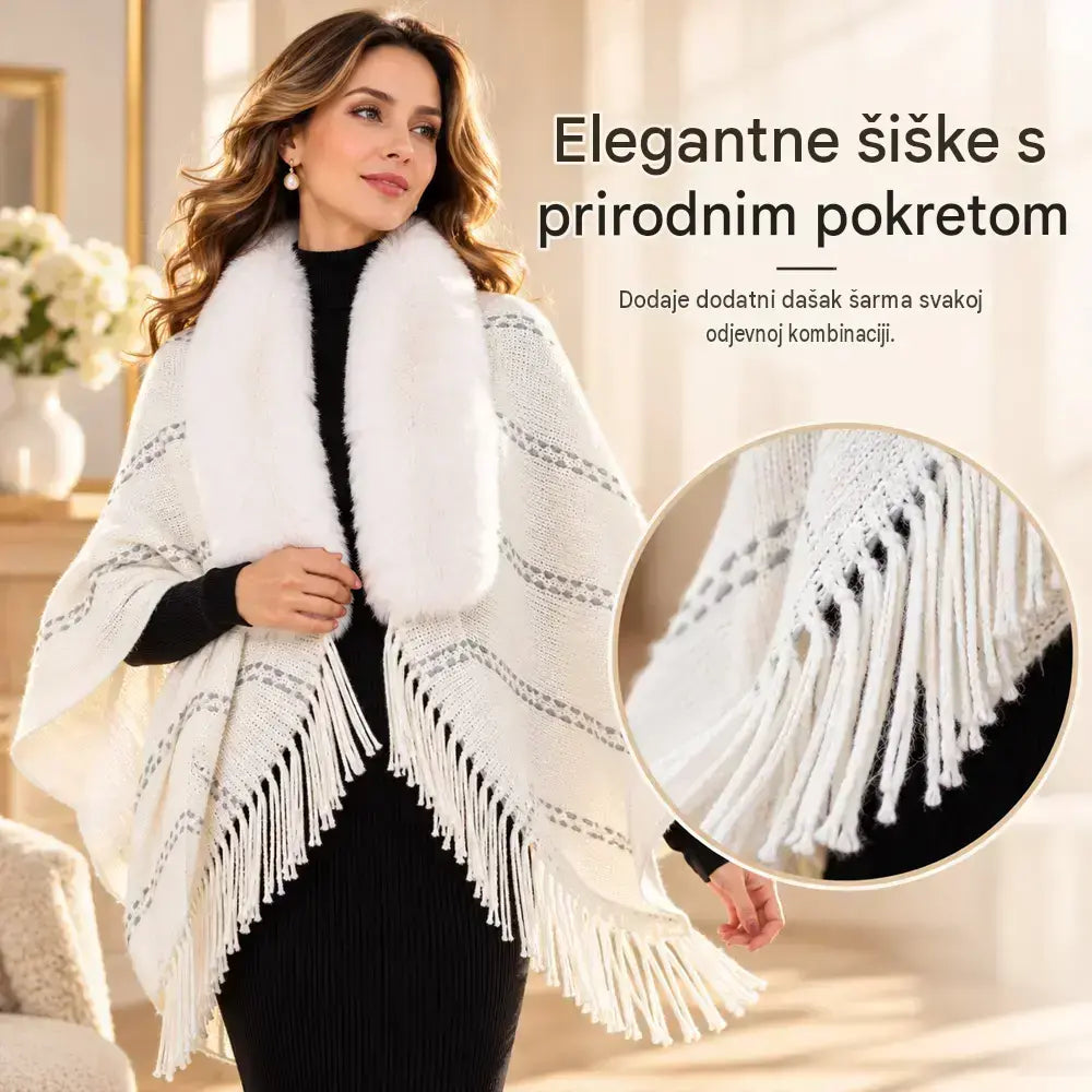 Pleteni pončo s krznenim ovratnikom i resama 🧣 Elegantan, topli ženski ogrtač za jesen i zimu ❄️ Svestran, ležeran model koji lijepo ističe siluetu ✨