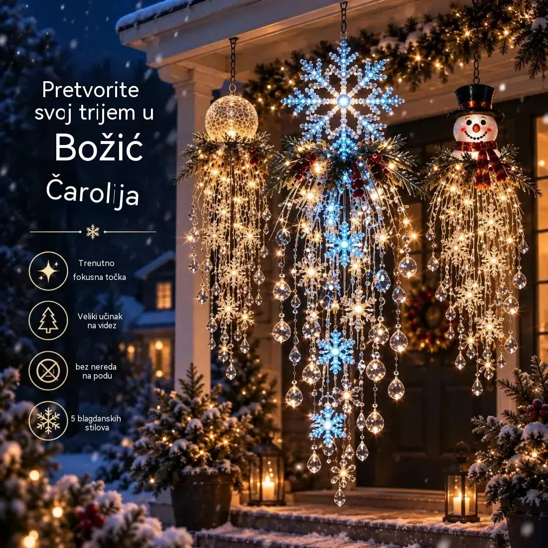 🔥 50% POPUSTA DANAS 🎅 Božićna viseća pahuljica i kristalna LED lampa | Čarobni sjaj za verandu ✨