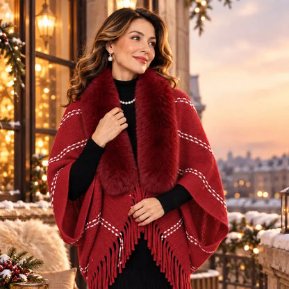 Pleteni pončo s krznenim ovratnikom i resama 🧣 Elegantan, topli ženski ogrtač za jesen i zimu ❄️ Svestran, ležeran model koji lijepo ističe siluetu ✨