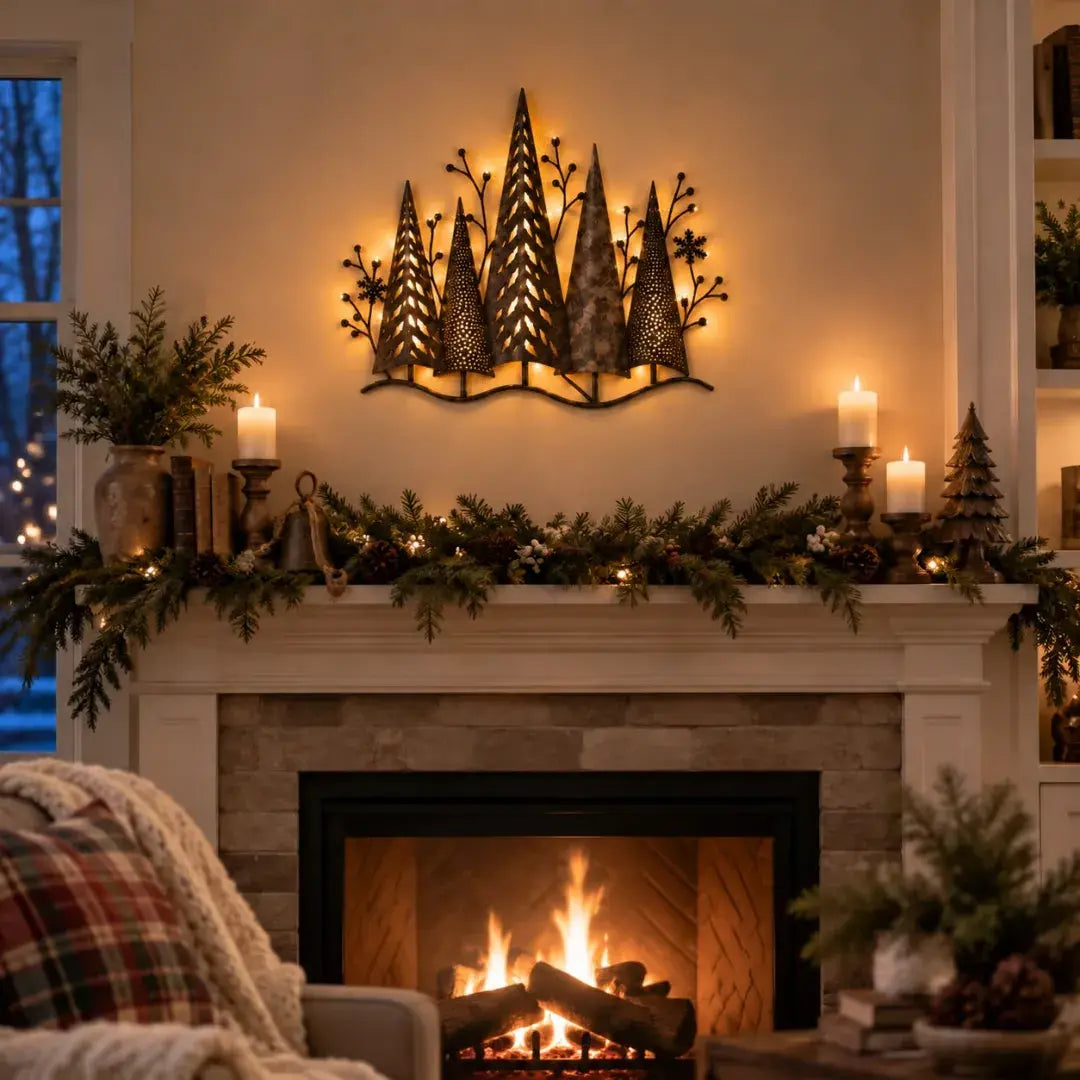 🎄🕯️ Osvijetljena metalna zidna dekoracija sa šumskim motivom i retro štihom 🌙