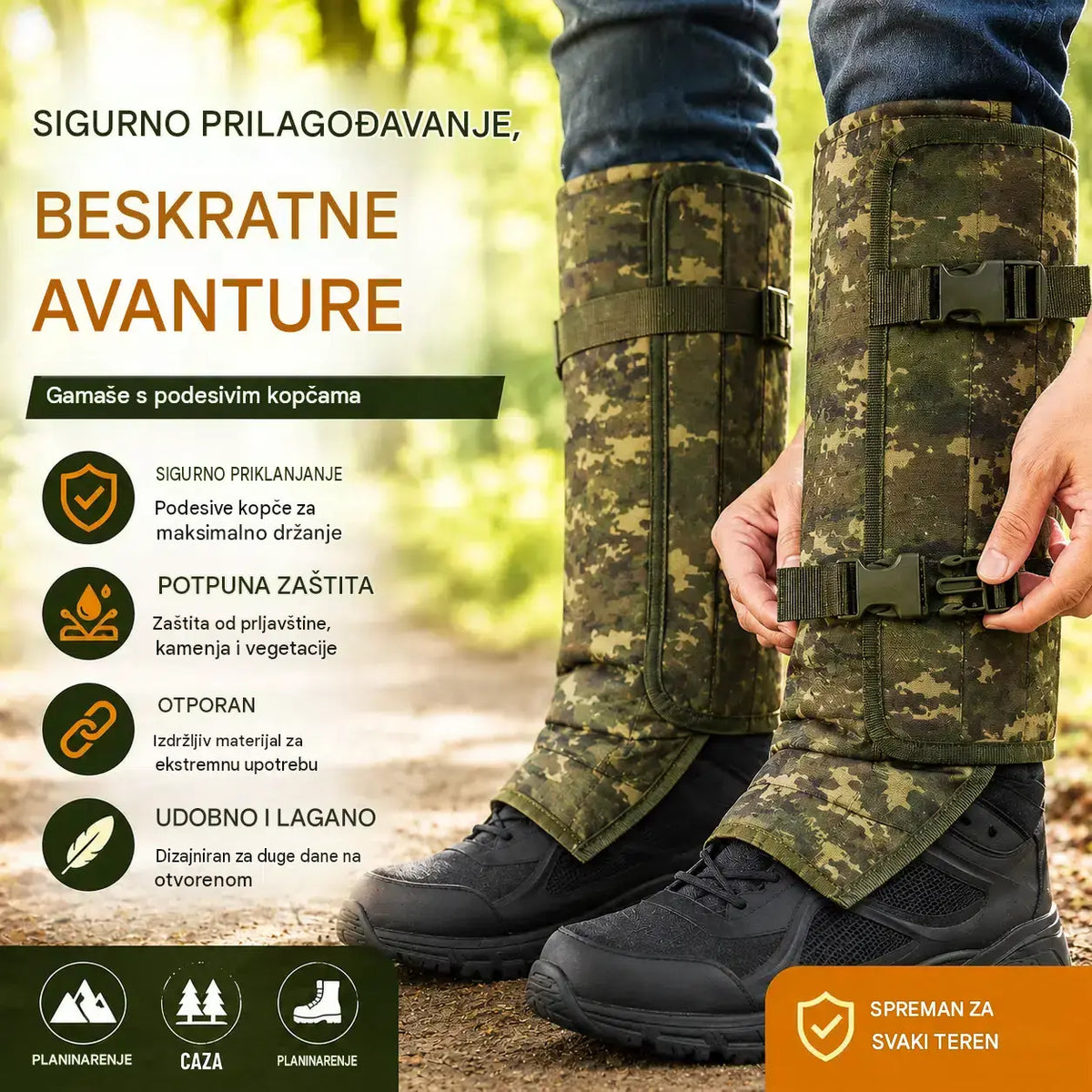 📢📢 50% POPUSTA!🚶‍♂️Podesive uniseks gamaše za van, otporne na zmije, izrađene od izdržljive i otporne na habanje tkanine, prikladne za lov i planinarenje.