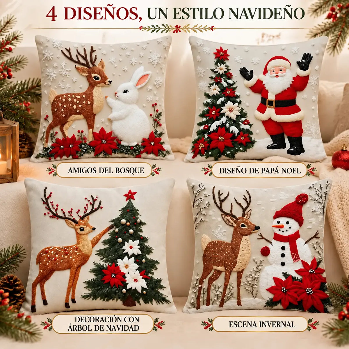 🔥【Set de 4】🎅Oferta de Navidad – 50 % de descuento🎄Cojines con motivos navideños