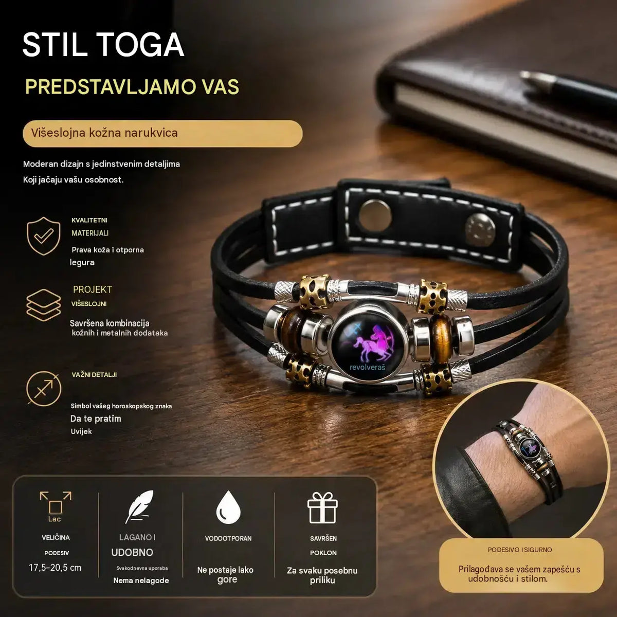 Pulsera de cuero brillante con el signo del zodiaco – diseño trenzado de tres capas, longitud ajustable, unisex