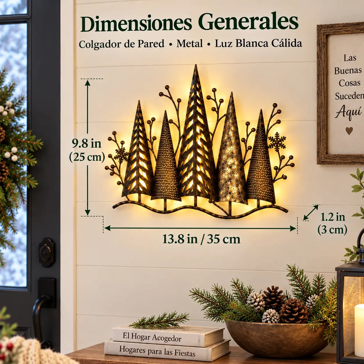 🎄🕯️ Osvijetljena metalna zidna dekoracija sa šumskim motivom i retro štihom 🌙
