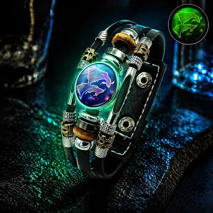 Pulsera de cuero brillante con el signo del zodiaco – diseño trenzado de tres capas, longitud ajustable, unisex