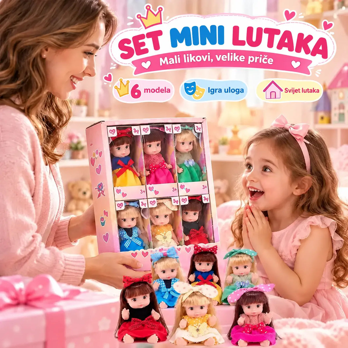 👸 Set kolekcionarskih mini-lutkica za djevojčice · Duga kosa i pokretni zglobovi · Serije „Princeze” i „Svakodnevni stil” · Savršen poklon!