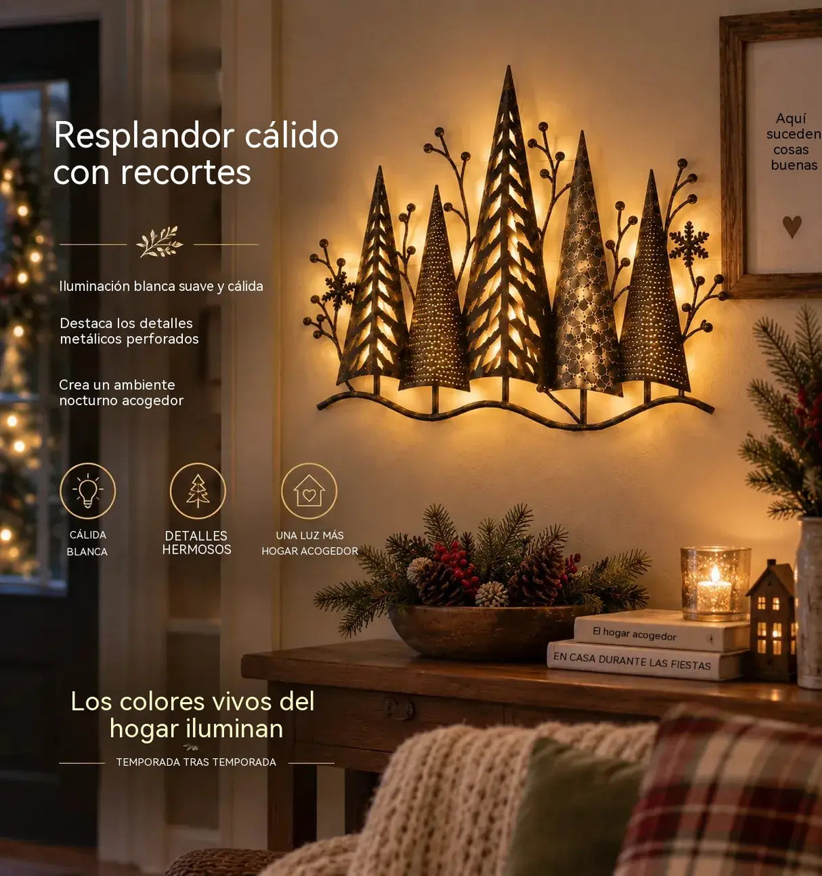 🎄🕯️ Osvijetljena metalna zidna dekoracija sa šumskim motivom i retro štihom 🌙