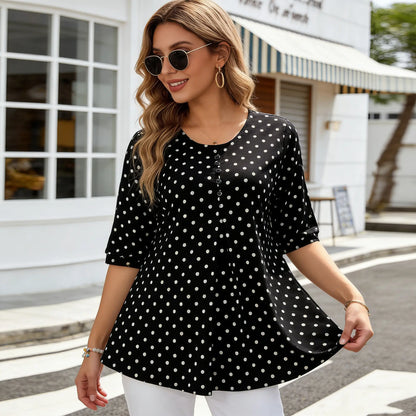 【L-5XL】Nueva camiseta de verano de tallas grandes de largo medio con estampado de lunares 2026