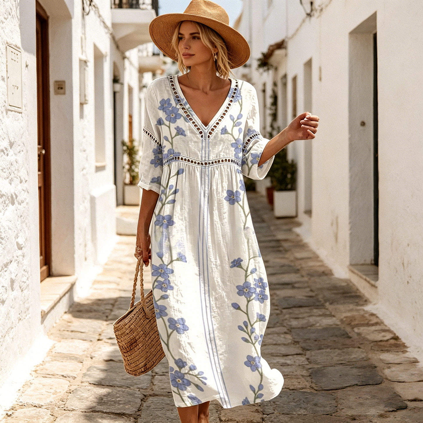Vestido largo de algodón y lino con estampado floral, estilo veraniego, escote en V, cintura definida.