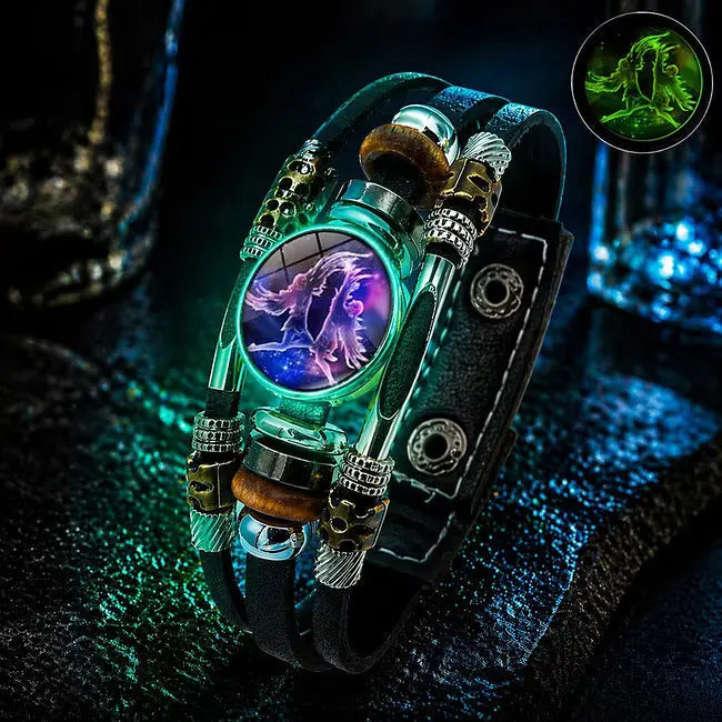Pulsera de cuero brillante con el signo del zodiaco – diseño trenzado de tres capas, longitud ajustable, unisex