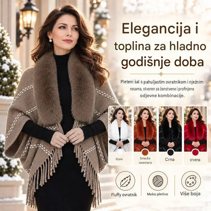 Pleteni pončo s krznenim ovratnikom i resama 🧣 Elegantan, topli ženski ogrtač za jesen i zimu ❄️ Svestran, ležeran model koji lijepo ističe siluetu ✨