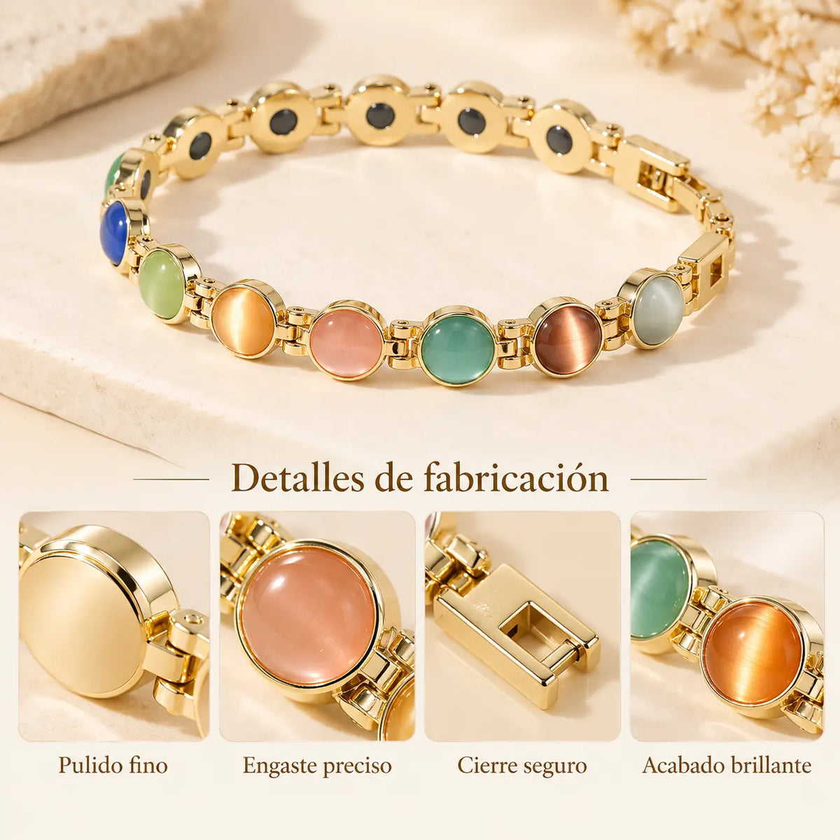 🌈✨【🔥Artículo de gran venta-1 pieza 25€】Elegante pulsera magnética con piedras de ojo de gato doradas