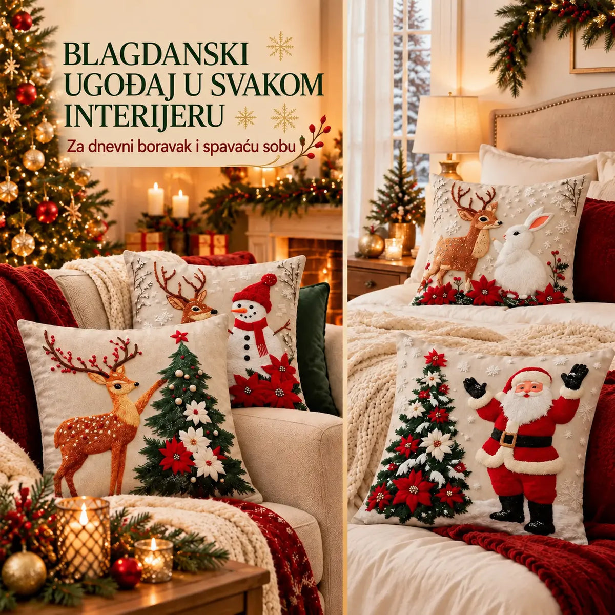 🔥【Set od 4 komada】🎅Božićna ponuda – 50 % popusta🎄Jastuci s božićnim motivima