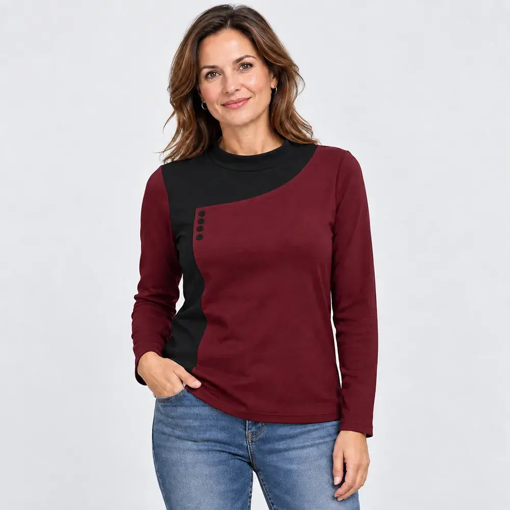 ✨【S-3XL / 6 boja】Bluza u kombinaciji boja s ovratnikom uz vrat i ukrasnim gumbima (lagani termo-flis materijal)