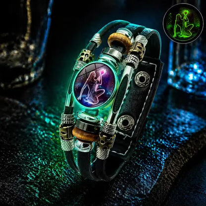 Pulsera de cuero brillante con el signo del zodiaco – diseño trenzado de tres capas, longitud ajustable, unisex