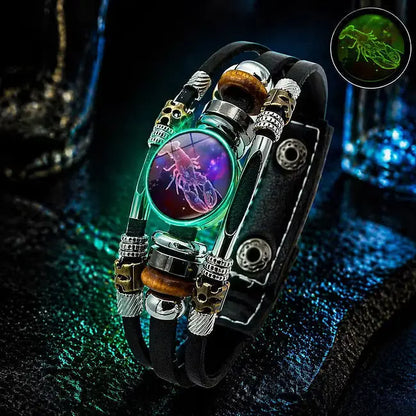 🌙 Pulsera de Cuero Zodiacal Luminiscente – Trenzado de 3 Capas, Longitud Ajustable, Unisex 💫✨
