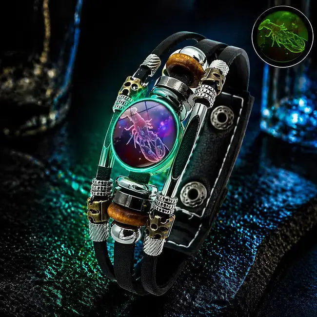 Pulsera de cuero brillante con el signo del zodiaco – diseño trenzado de tres capas, longitud ajustable, unisex